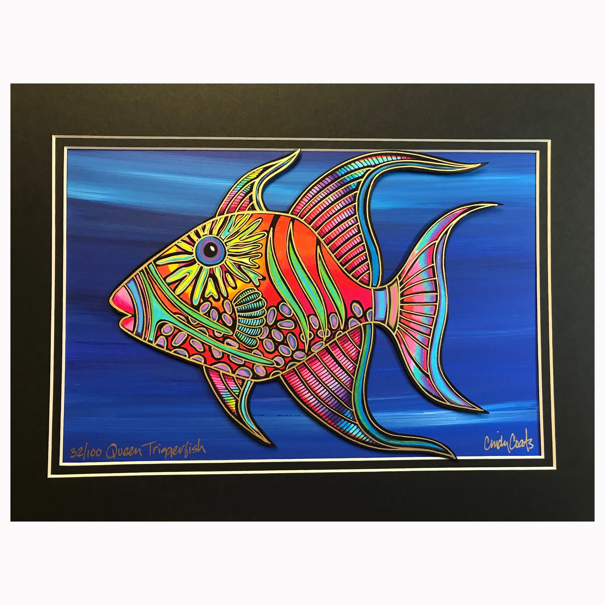 Queen Triggerfish hand painted collage — The Cindy Coats Gallery